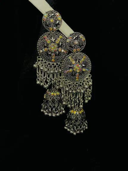 Antique Silver Multicolor Stone Jhumka Earrings
