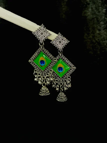 Peacock Motif Square Jhumka Earrings