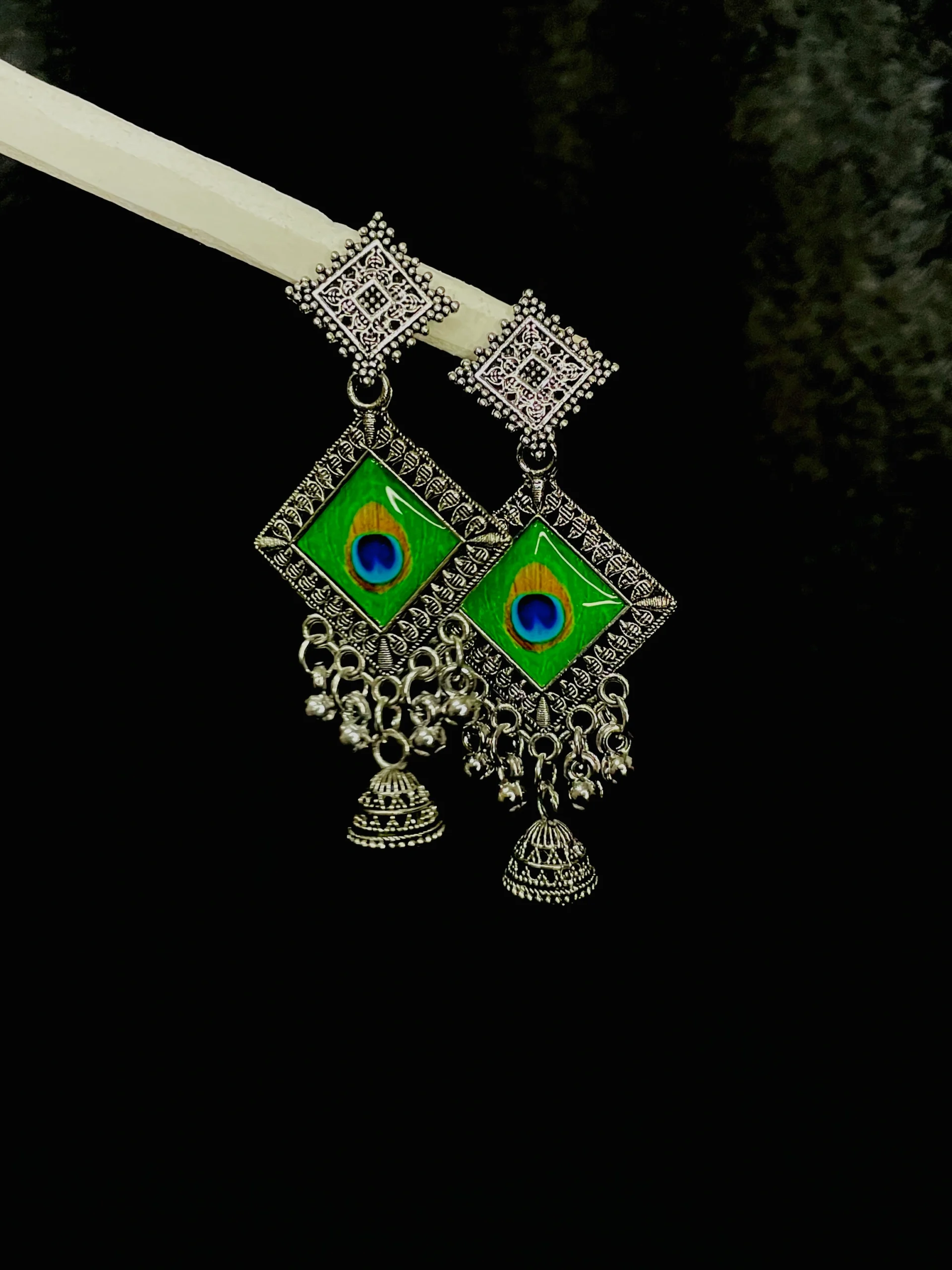 Peacock Motif Square Jhumka Earrings