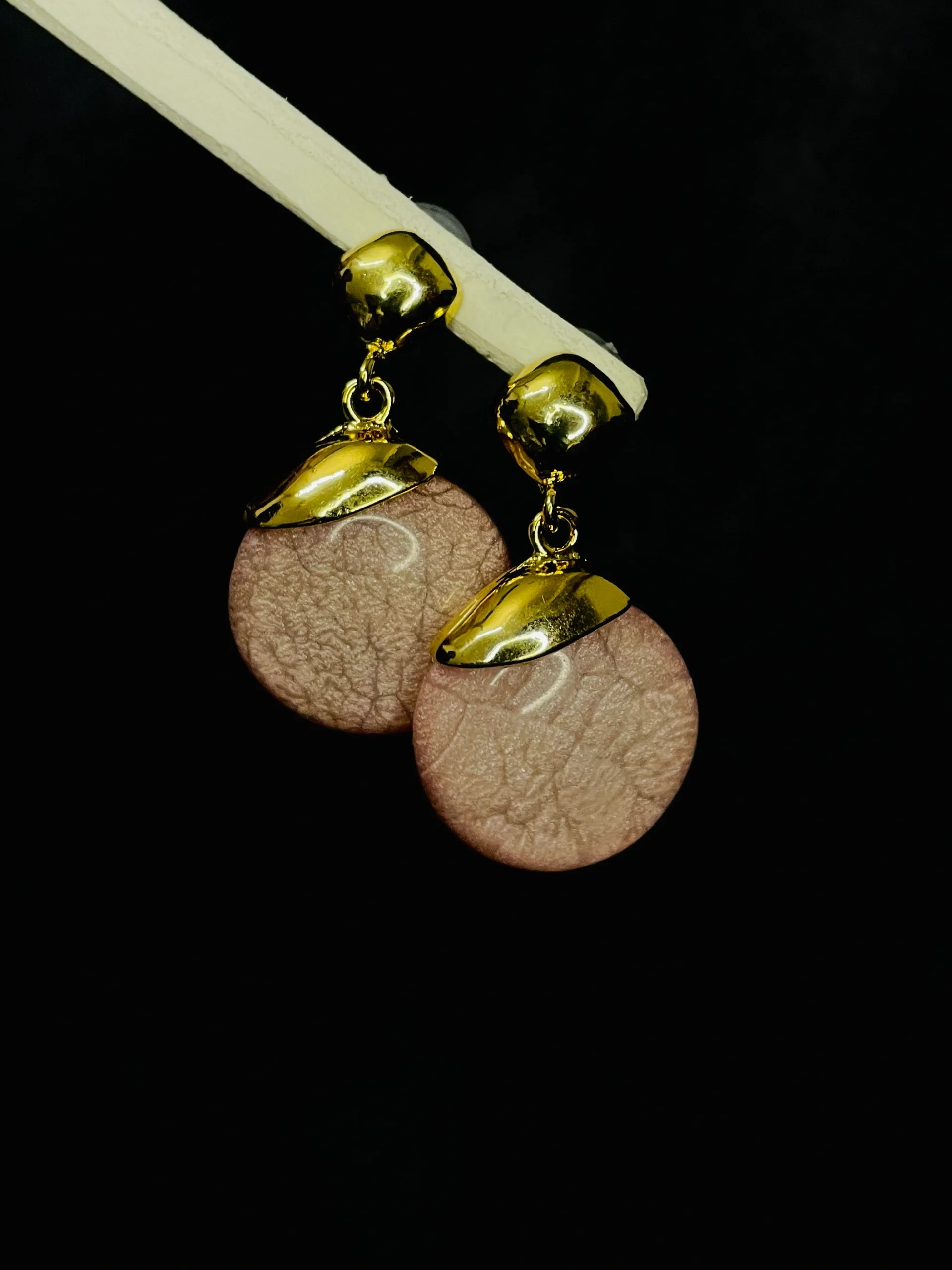 Gold Finish Textured Brown Round Drop Earrings