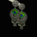 Peacock Square Enamel Oxidized Jhumka Earrings