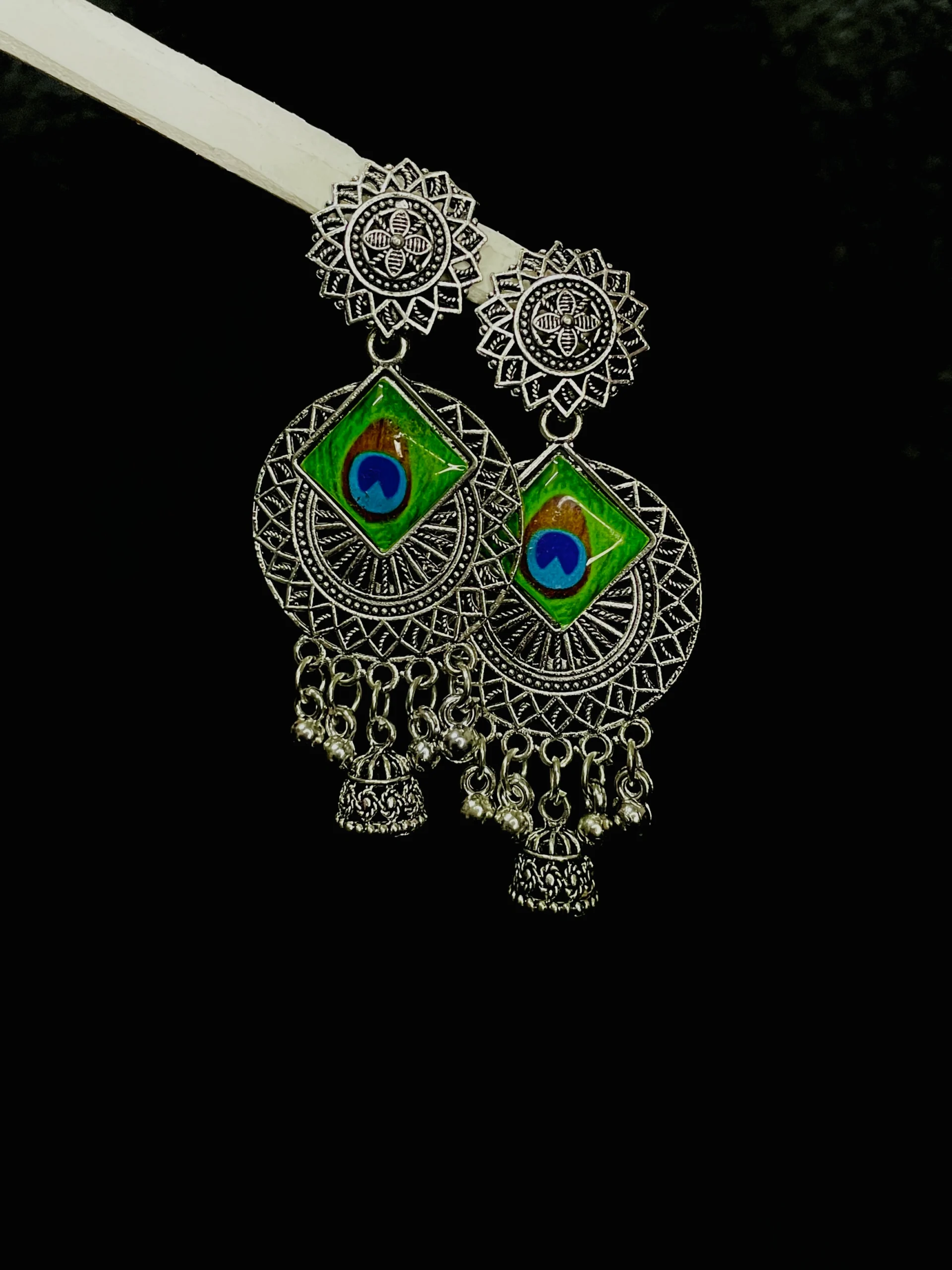 Peacock Square Enamel Oxidized Jhumka Earrings