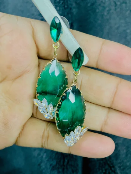 Green Crystal Drop Earrings (Gold Finish)